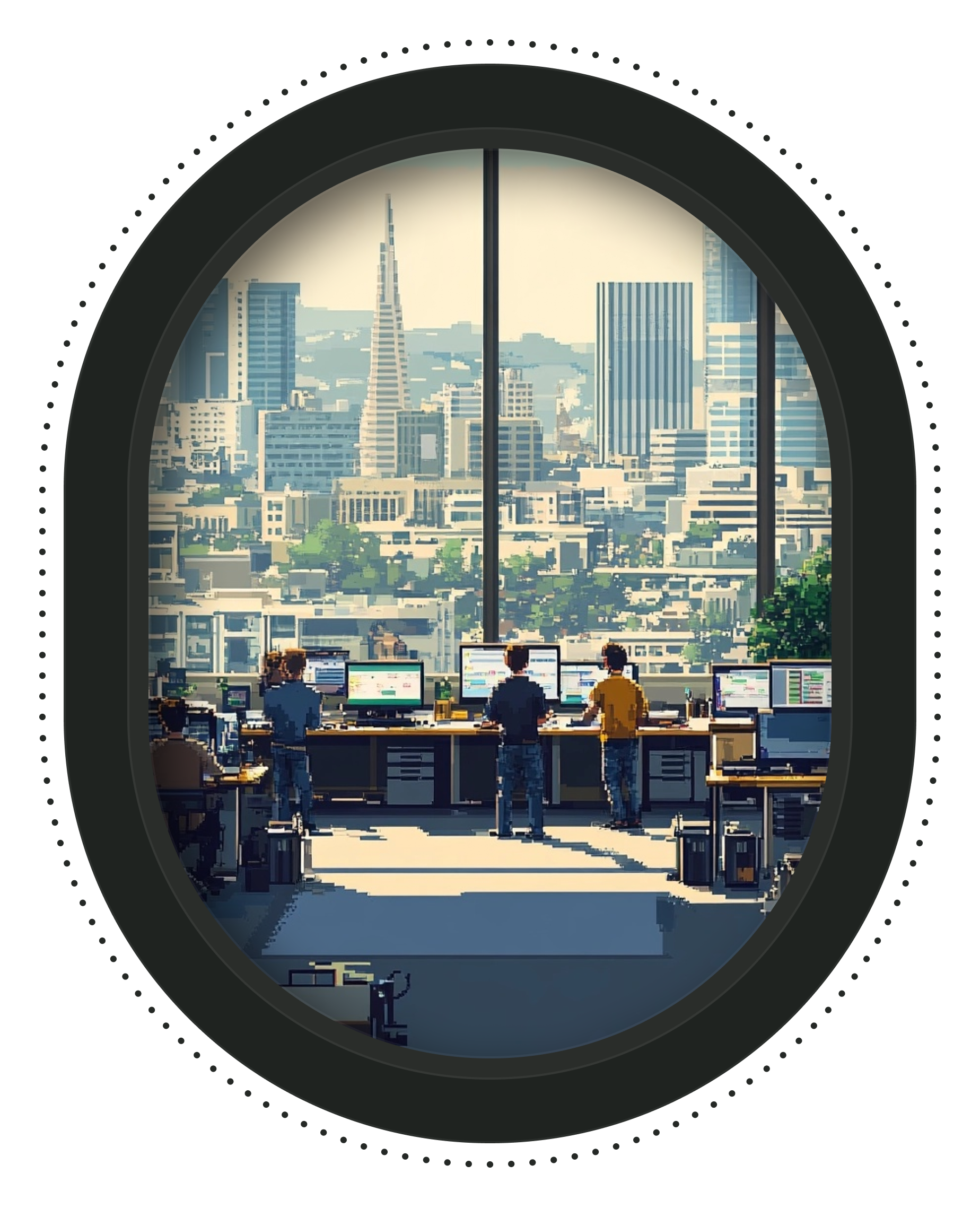 A group of people working in an office overlooking San Francisco